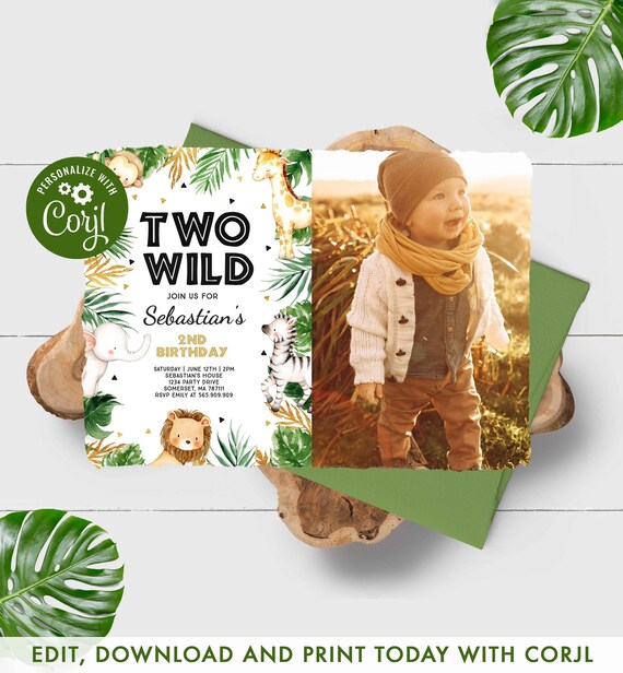Two Wild Birthday Invitation Jungle Safari Animals Invitation Gold Safari Two Wild 2nd Birthday Party Instant Download Editable PDF File 25 Il_570xn