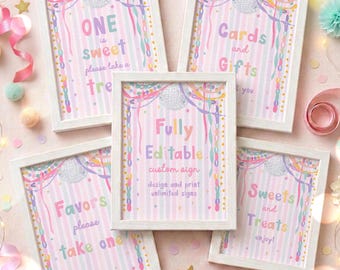 Editable 1st Birthday Party Signs Fun To Be One Whimsical Birthday Party For A Girl Garland Pastel Rainbow Decor Digital Download U71