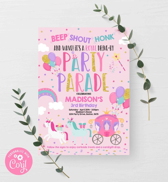 Editable Drive By Birthday Parade Invitation Unicorn Princess Drive Through Birthday Quarantine Birthday Social Distancing Party Instant EP Il_570xn