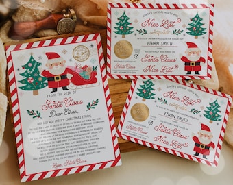 Pode incluir: Uma carta de Natal imprimível do Papai Noel para uma criança chamada Ethan. A carta é decorada com uma borda vermelha e branca listrada e uma imagem de desenho animado do Papai Noel em um trenó com renas. A carta inclui uma mensagem do Papai Noel para Ethan, desejando-lhe um Feliz Natal e dizendo-lhe que foi colocado na Lista dos Bons. A carta também inclui um selo do Papai Noel com o texto "Certificado Oficial da Lista dos Bons".