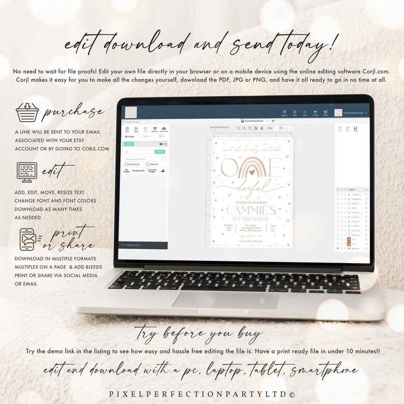 May include: A laptop screen displaying a pink and gold first birthday invitation with a rainbow and the text "Isn't she lovely, isn't she wonderful". The invitation is for a girl named Cammies. The text "edit, download and send today!" is displayed above the laptop.