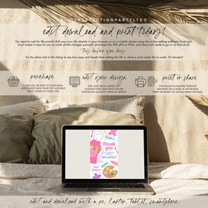 May include: A digital download for a printable thank you card. The card features a pink and purple paint-splattered background with a paint palette, paintbrushes, and a pink apron. The text on the card reads "Thank you for making my birthday a masterpiece."