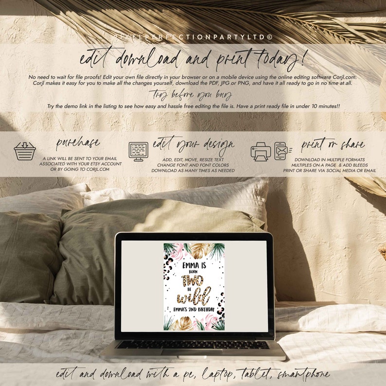K&ouml;nnte beinhalten: Ein Laptop zeigt ein Design f&uuml;r eine Geburtstagseinladung mit dem Text "EMMA IS TWO WILD". Die Einladung hat ein tropisches Thema mit goldenen, rosa und gr&uuml;nen Akzenten. Anweisungen zum Bearbeiten und Drucken werden ebenfalls angezeigt.
