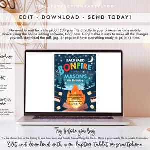 May include: A laptop screen displaying a digital invitation for a backyard bonfire 8th birthday party. The design features a night sky, pine trees, a campfire, and marshmallows on sticks. Text includes "BACKYARD BONFIRE" and "MASON'S 8TH BIRTHDAY".