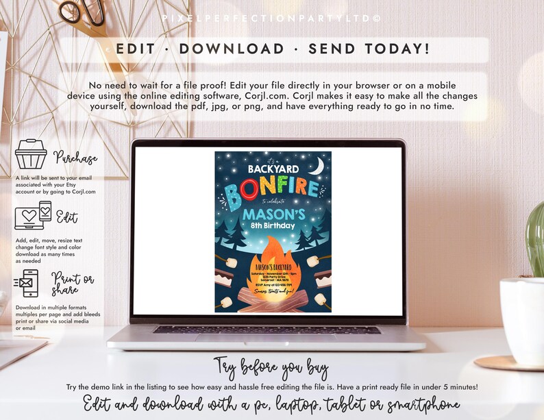 May include: A laptop screen displaying a digital invitation for a backyard bonfire 8th birthday party. The design features a night sky, pine trees, a campfire, and marshmallows on sticks. Text includes "BACKYARD BONFIRE" and "MASON'S 8TH BIRTHDAY".