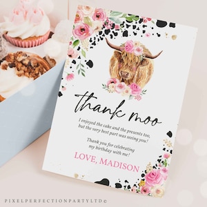 Editable Cow Birthday Party Thank You Card Pink Highland Cow Holy Cow Birthday Party Thank You Flat Note Cards Instant Download Editable C7