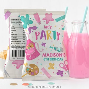 Editable Art Birthday Party Chip Bag Labels Painting Party Birthday Pink Arts And Crafts Party Chip Bag Wrapper Favors Instant Download 9O