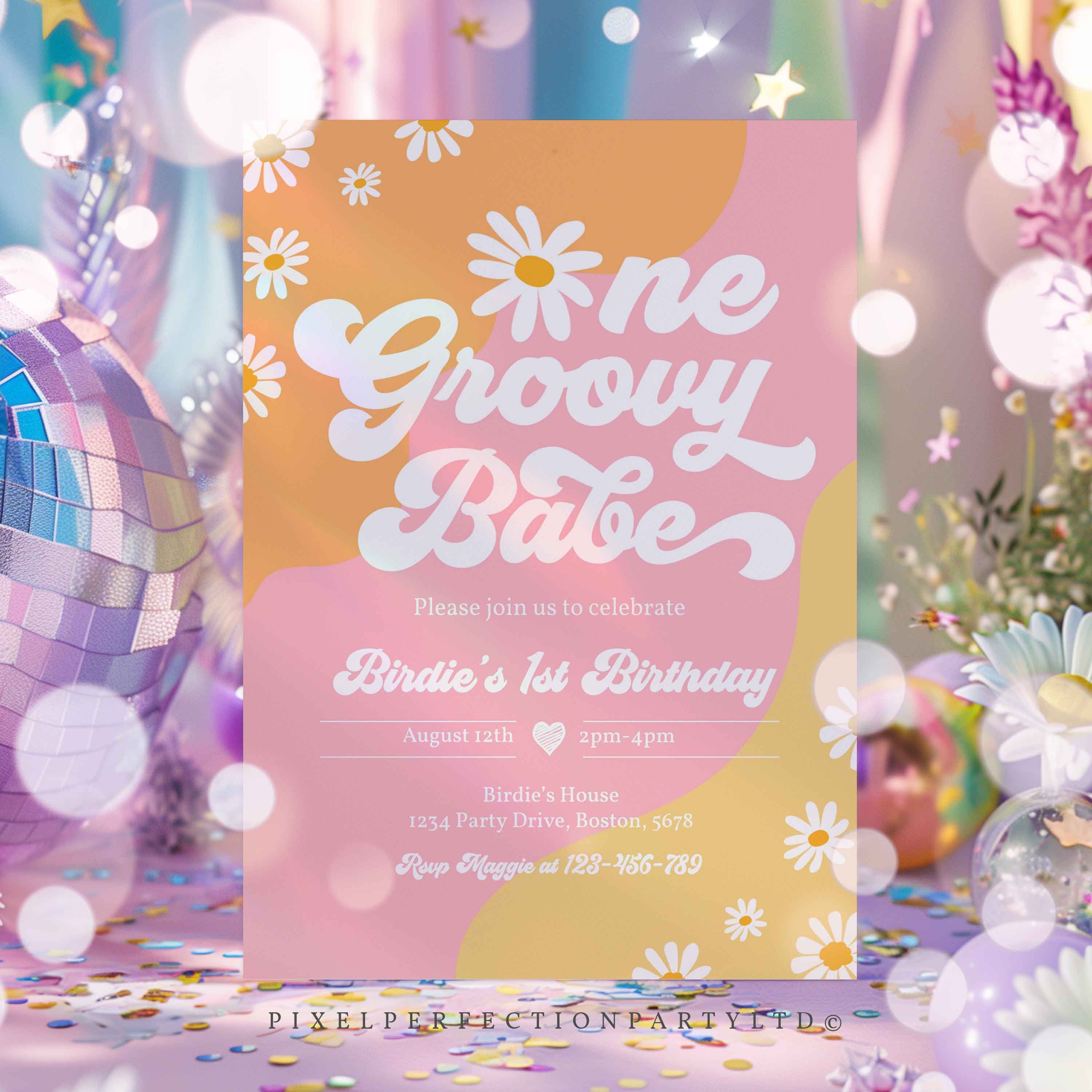 Editable One Groovy Baby 1st Birthday Party Invitation Boho Retro ...