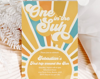 Editable Sunshine 1st Birthday Invitation Retro Blue & Yellow Boy Turning One In The Sun Boho Birthday Party Instant Download S7