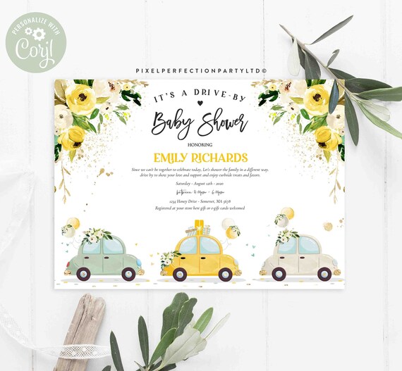 Editable Drive By Baby Shower Parade Invitation Gender Neutral Yellow Floral Drive Thru Baby Shower Social Distancing Instant Download FD Il_570xn