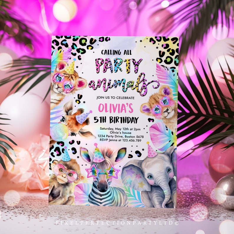 Editable Party Animals Birthday Invitation Pastel Rainbow Cheetah Print Leopard Print Wild Safari Animals Birthday Party Invite Download XQ image 3