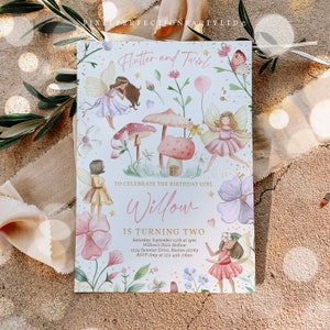 May include: A whimsical invitation with the text "Flutter and Twirl" and "Willow is Turning Two." The design features illustrations of fairies, mushrooms, flowers, and a butterfly in soft pastel colors. Includes event details.