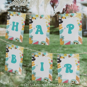 Editable Pool Party AZ Birthday Banner  Tropical Toucan Pool Float Pool Party Food Labels Summer Pool Splash Pad Decor Instant Download S5