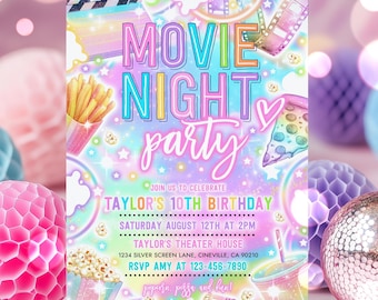 Editable Movie Night Birthday Invitation Pastel Rainbow Glow Movie Birthday Party Movie Night Popcorn Sleepover Party Instant Download Y7H