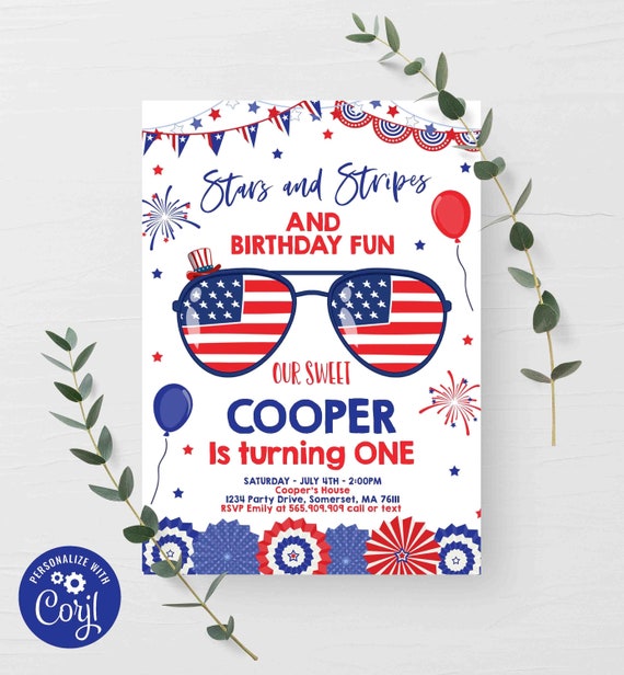 Editable 4th Of July Birthday Invitation 4th Of July Stars & Stripe 1st Birthday Memorial Day Independence Day Party Instant Download 7k Il_570xn