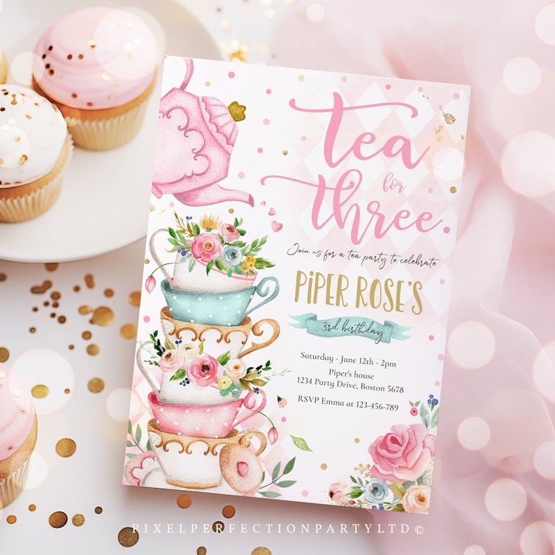 Editable Tea For Three Birthday Invitation Tea For Three 3rd Birthday Party Pink Gold Floral Whimsical Tea Party Instant Download TR image 1