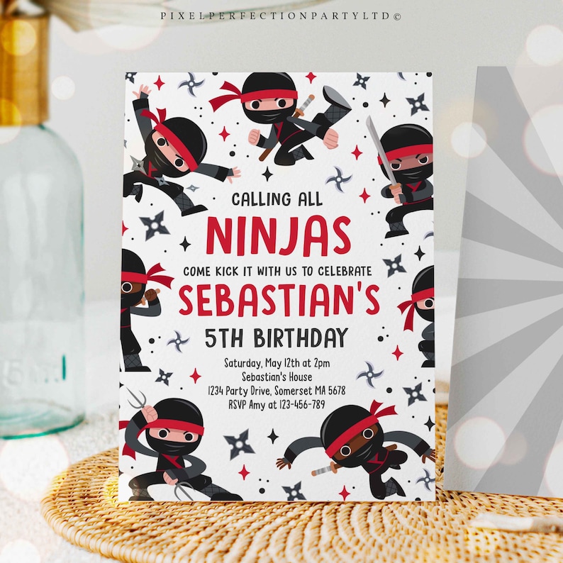 May include: A white invitation with a red and black ninja theme. The invitation says "Calling all Ninjas" and "Come kick it with us to celebrate Sebastian's 5th Birthday". The invitation includes the date, time, location, and RSVP information.