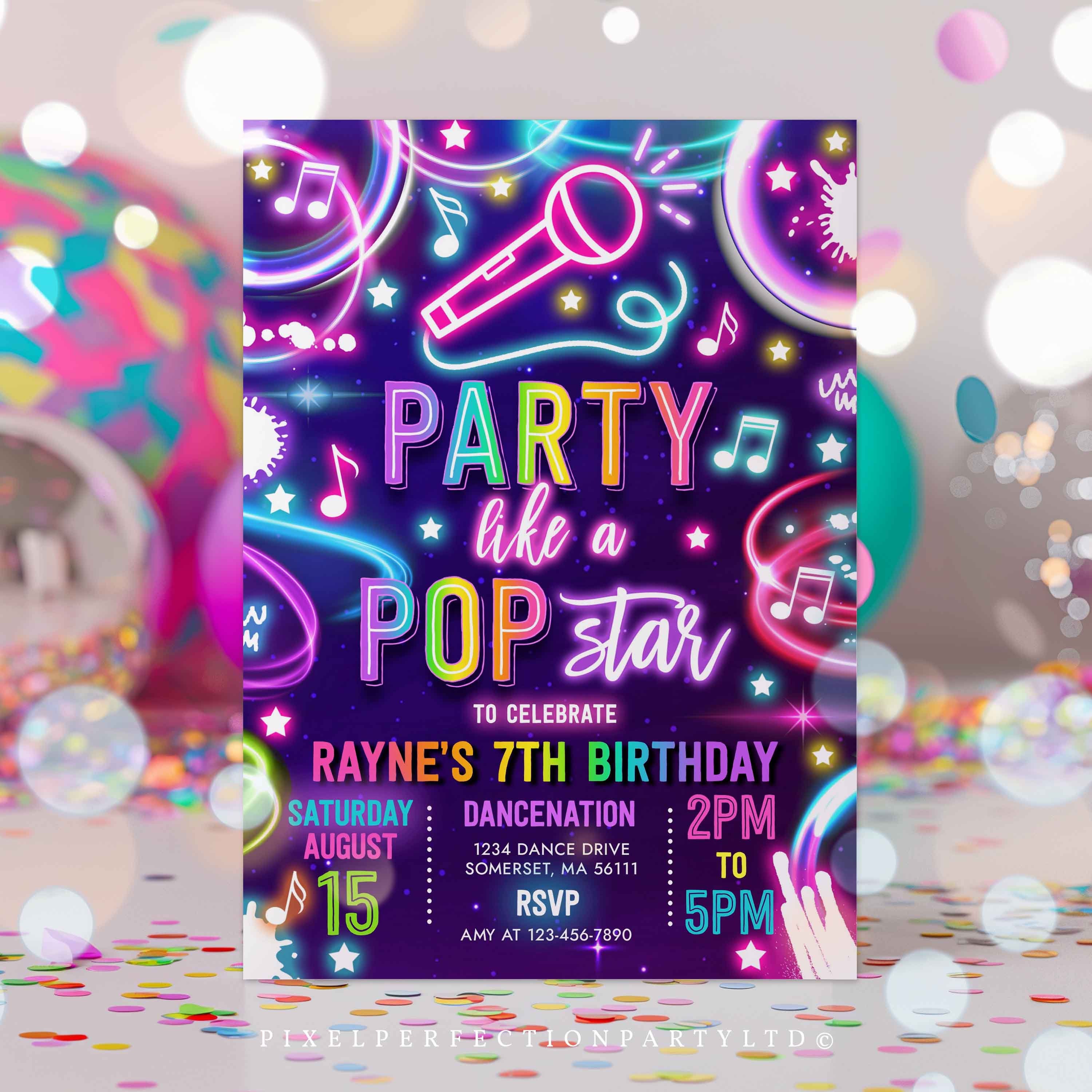 Editable Pop Star Birthday Party Invitation Neon Glow Party