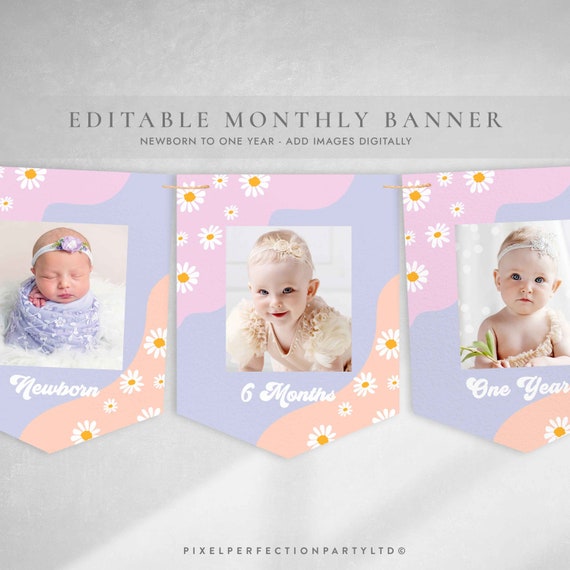 Editable Groovy Birthday Party Monthly Photo Banner Retro Groovy Floral 70's Birthday Party Hippie Festival Vibes Party Instant Download D3 Il_570xn