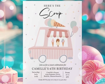 Editable Ice Cream Truck Birthday Party Invitation Here's The Scoop Ice Cream Birthday Party Sweet Ice Cream Party Instant Download YL