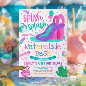 Editable Waterslide Birthday Party Invitation Water Slide Bash Summer Pool Party Girly Pink Pool Party BBQ Pool Party Instant Download AR image 3