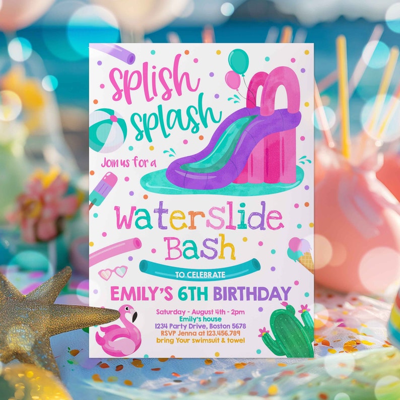 Editable Waterslide Birthday Party Invitation Water Slide Bash Summer Pool Party Girly Pink Pool Party BBQ Pool Party Instant Download AR afbeelding 3