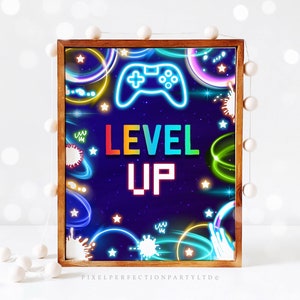Video Game Level Up Birthday Party Sign Neon Gamer Birthday Game On Level Up Birthday Party Glow Gamer Party Decor Instant Download KN