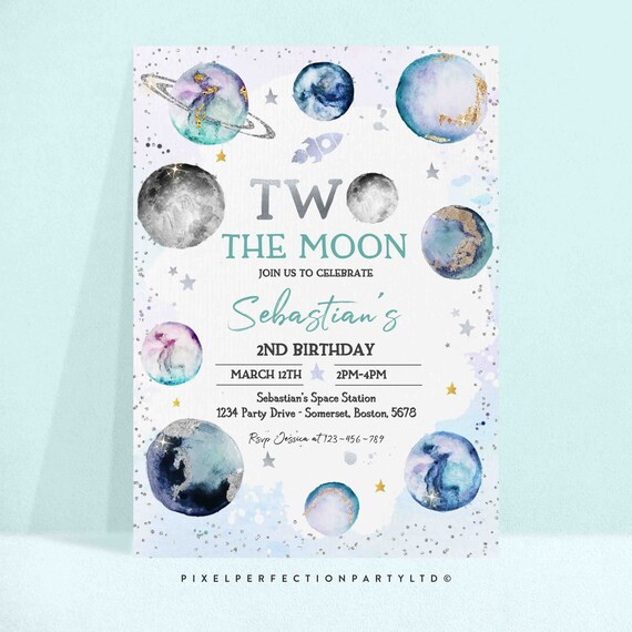 Editable Two The Moon Space Birthday Invitation Outer Space Boy 2nd Birthday Rocket Ship Space Planets Galaxy Party Instant Download LM Il_570xn