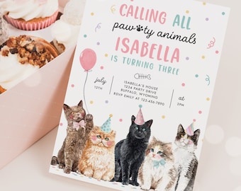 Editable Calling All Paw-ty Animals Kitten Birthday Party Invitation Cat Birthday Party Let's Pawty Kitty Cat Party Instant Download KL