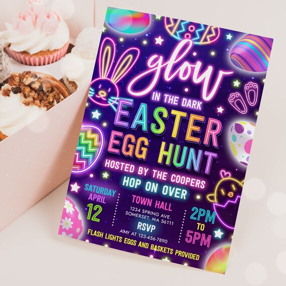 Editable Glow In The Dark Easter Egg Hunt Invitation Neon Easter Egg