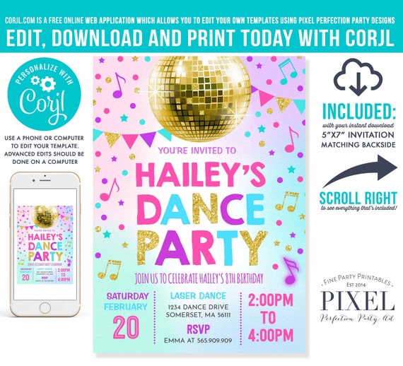 Dance Party Invitation Disco Party Invitation Glow Dance Party Neon Glow Dance Party Disco Dance Party Instant Editable File Corjl L8 Il_570xn