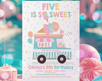Editable Ice Cream Truck Birthday Invitation Ice Cream Five Is So Sweet 5th Birthday Party Ice Cream Truck 5th Birthday Instant Download PT