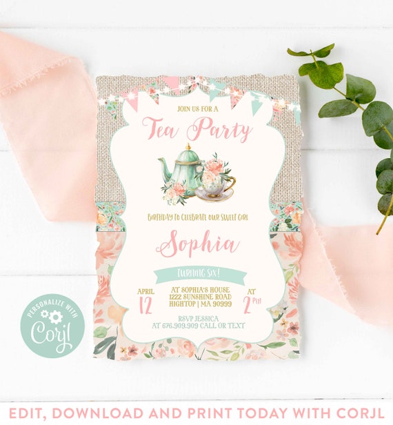 Tea Party Birthday Invitation Girl Floral Party Invitation Pink Floral Shabby Chic Tea Party Birthday Vintage Instant Editable Download TP Il_570xn
