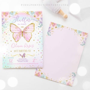 May include: A pink and gold butterfly themed first birthday invitation with a pink butterfly, gold glitter, and the text "Flutter on over for Olivia Rose's 1st Birthday".