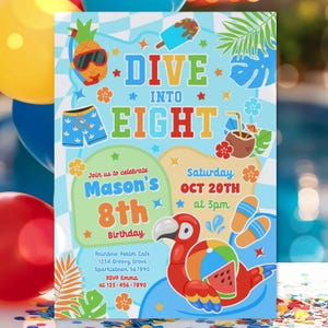 May include: A colorful invitation for a child's 8th birthday party. The invitation features a tropical theme with a parrot, a pineapple, and a coconut. The text on the invitation reads "Dive into Eight" and includes the date and time of the party. The party is being held at Rainbow Realm Cafe.