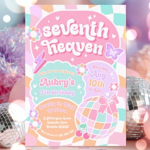 Editable Seventh Heaven 7th Birthday Party Invitation Groovy 7th Birthday Party Retro Fashion 7th Birthday Party Instant Download FT6