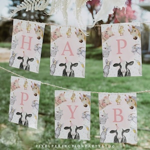 Farm Animals Birthday Party Banner Add Any Text Pink Girl Farm Barnyard 1st Birthday Party Animals Birthday Decorations Instant Download HYS