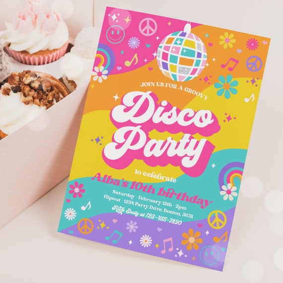 Editable Groovy Disco Party Invitation Retro Hippie Floral 70's Disco