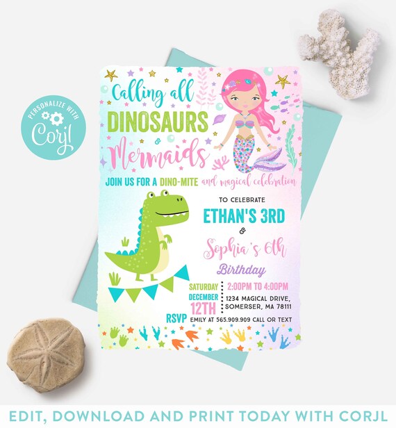 Mermaid And Dinosaur Birthday Invitation Sibling Mermaid And Dinosaur Party Sibling Girl Boy Dual Party Instant Download Editable PDF MD Il_570xn