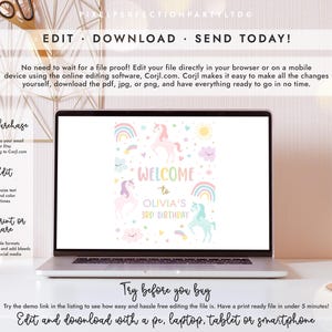 Editable Unicorn Birthday Welcome Sign Magical Pastel Rainbow Unicorn Birthday Party Whimsical Fairytale Unicorn Party Instant Download UY6 bild 3