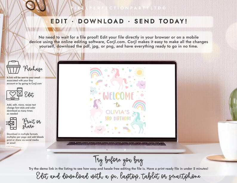 Editable Unicorn Birthday Welcome Sign Magical Pastel Rainbow Unicorn Birthday Party Whimsical Fairytale Unicorn Party Instant Download UY6 bild 3