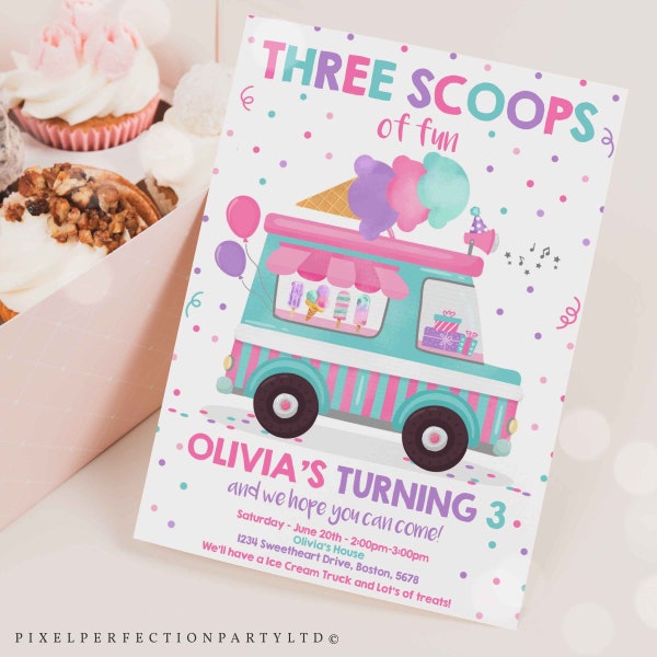 Editable Ice Cream Truck Three Scoops Of Fun 3rd Birthday Party Invitation Ice Cream 3rd Birthday Three Scoops Of Fun Instant Download WV