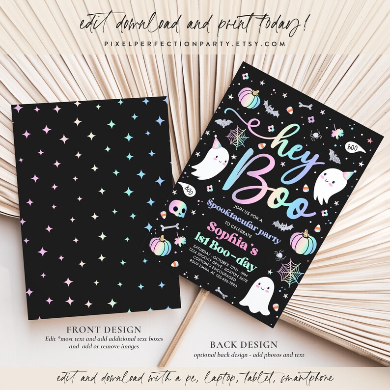 Editable Halloween Pastel Ghost Birthday Invitation Hey Boo Etsy