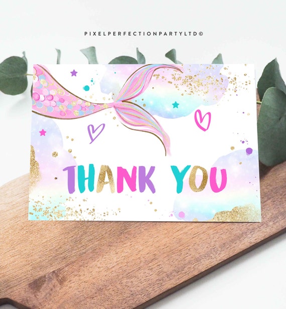 Editable Mermaid Fold Over Thank You Card Mermaid Thank You Card Whimsical Mermaid Under The Sea Folded Thank You Favor Instant Download UH Il_570xn