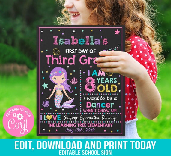 First Day of Third Grade Sign Mermaid First Day of Third Grade Sign Chalkboard First Day Of School Sign Prop Instant Download Editable Il_570xn
