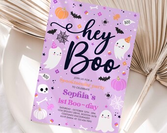 Editable Halloween Purple Ghost Birthday Invitation Hey Boo Girly Cute Ghost Birthday Party Spooktacular Halloween Party Instant Download L1