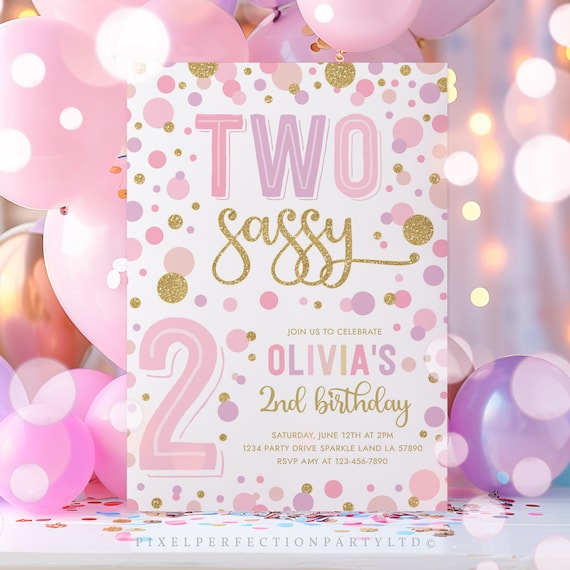 Editable Two Sassy Pink And Gold Girl 2nd Birthday Party Invitation Girl Pink And Gold Confetti 2nd Birthday Party Instant Download GE3