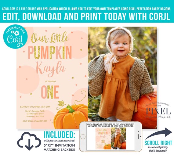 Pumpkin Invitation Our Little Pumpkin Birthday Invitation Blush Pink And Gold Pumpkin 1st Birthday Party Instant Download Corjl 26 Il_570xn