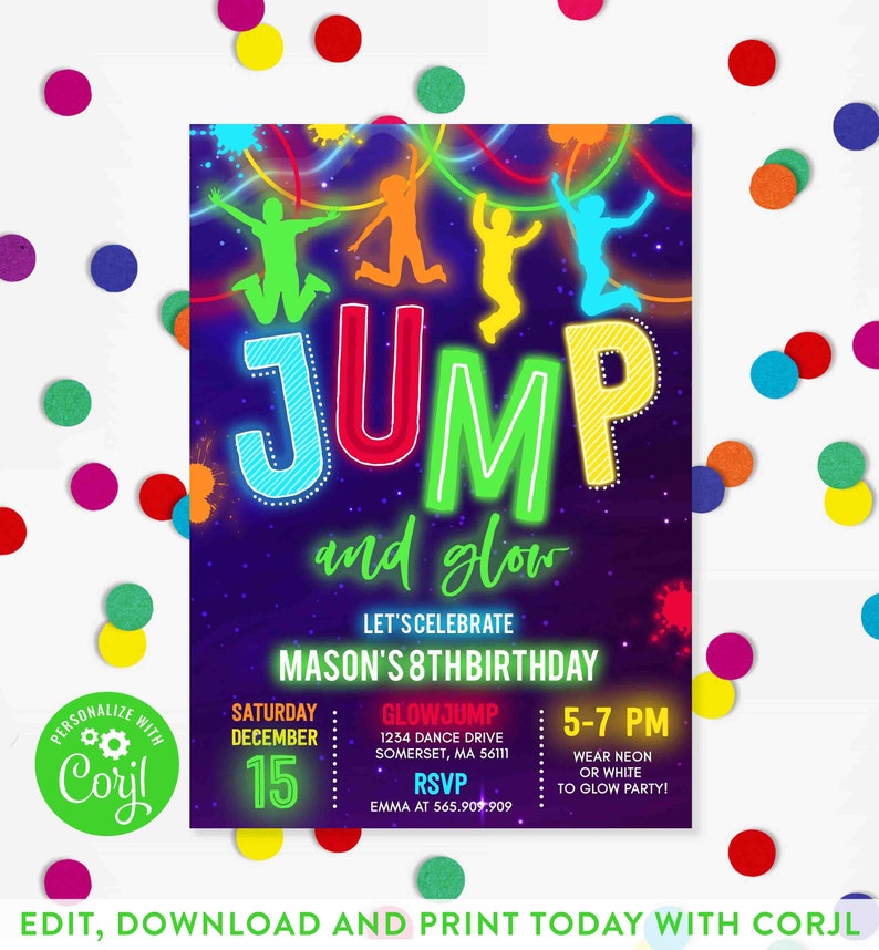 Editable Glow Jump Invitation Neon Jump Birthday Invite Jump Etsy