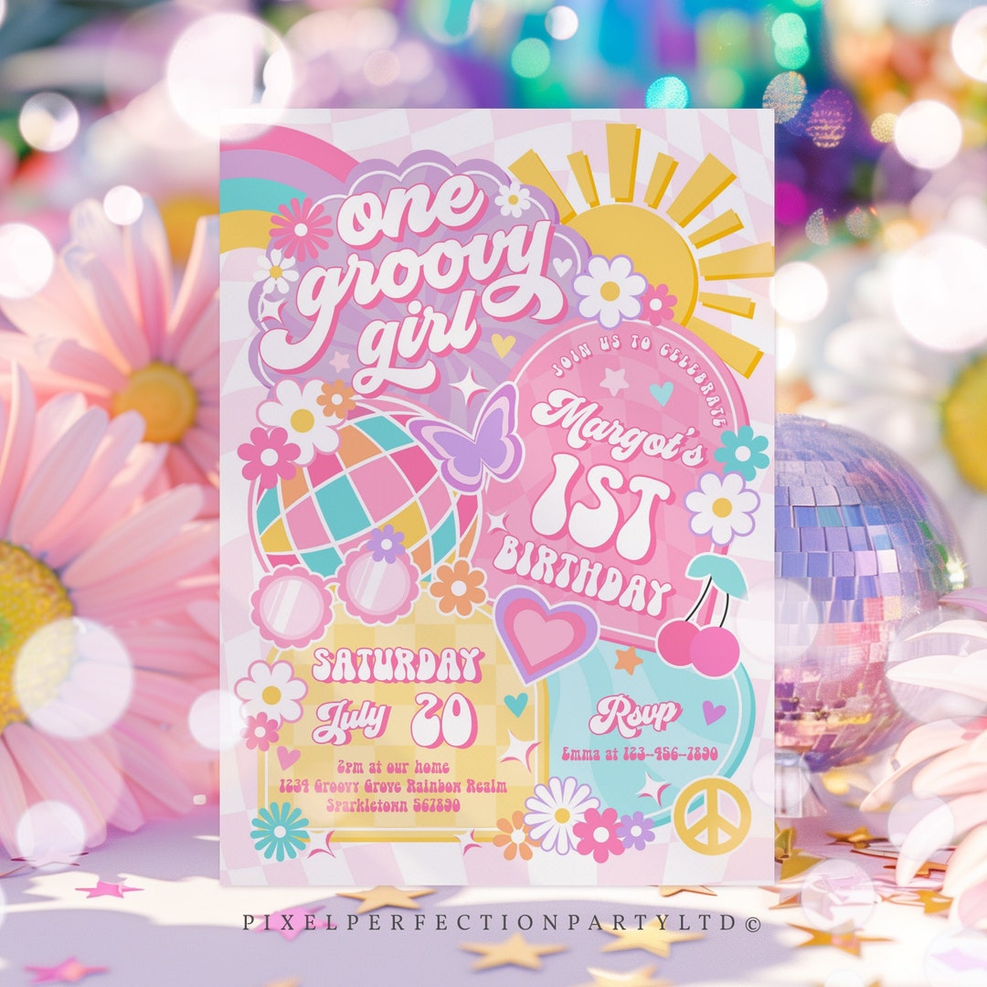 Editable One Groovy Girl 1st Birthday Party Invitation Rainbow Sunshine ...